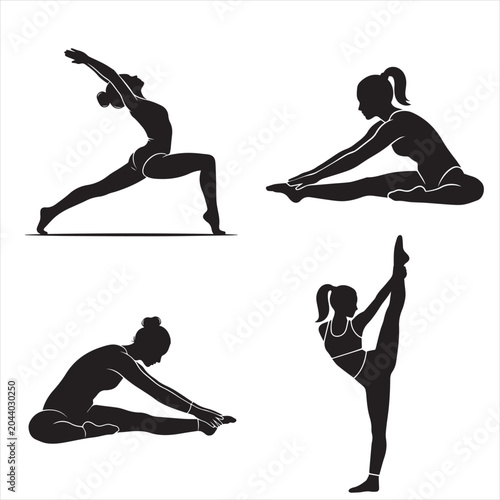 Female Gymnast Stretching Poses Silhouette Vector Set Isolated on White