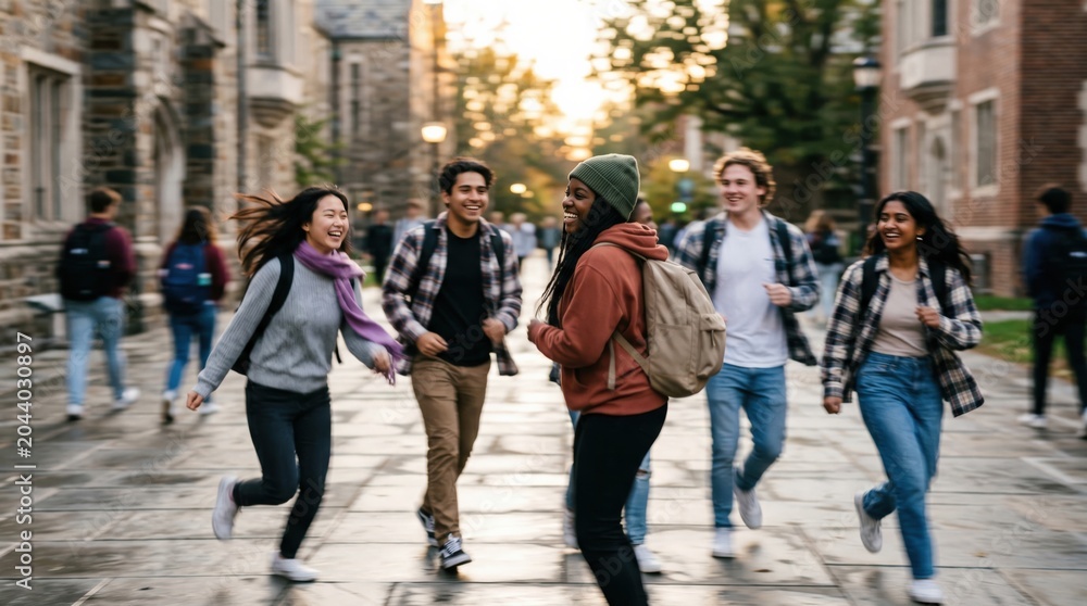 Obraz premium Diverse Group of Young Adult College Students Walking and Laughing Together on a University Campus Pathway