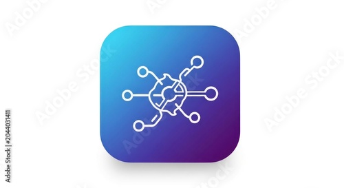 A square icon with rounded corners featuring a gradient background transitioning from blue to purple and a white molecular structure symbol in the center