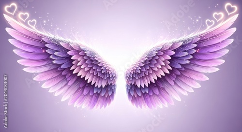 Ethereal Purple Angel Wings with Glowing Hearts and Sparkling Dust