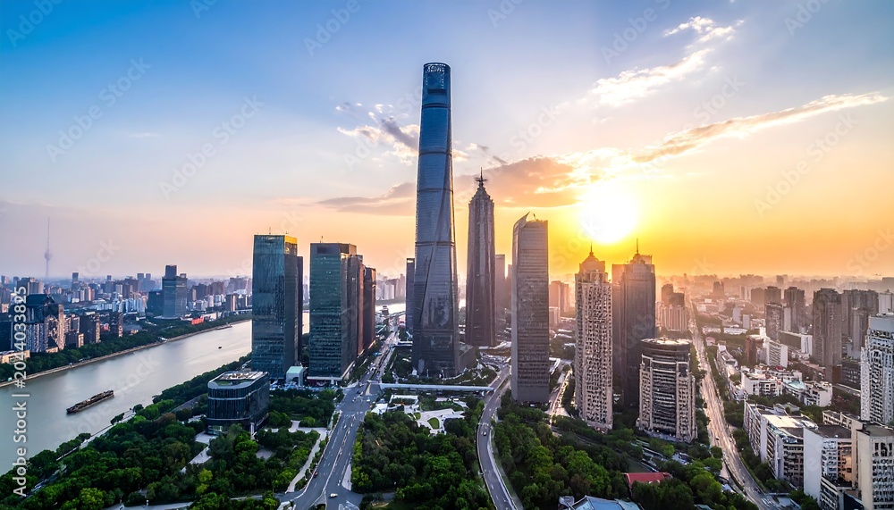 Fototapeta premium Cityscape view with tall buildings, river, road and sunset. Golden sunlight shines in the sky and highlights the city