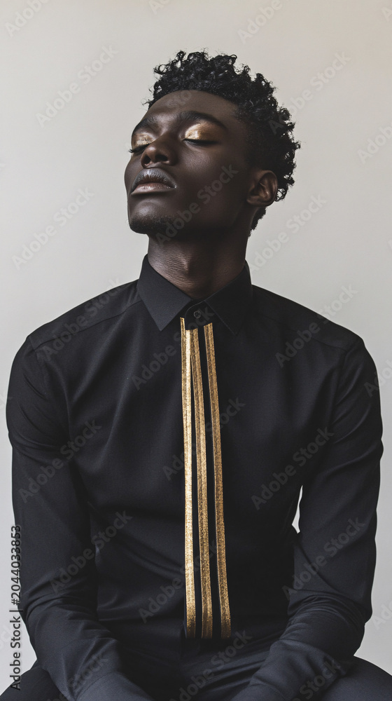 Fototapeta premium Stylish Black Man in Fashionable Outfit with Gold Necktie