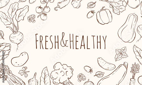 Fresh Healthy Food Banner Line Art, Organic Vegetables Frame, Hand Drawn Cooking Ingredients Border, Farm Fresh Veggie Illustration with Text Space