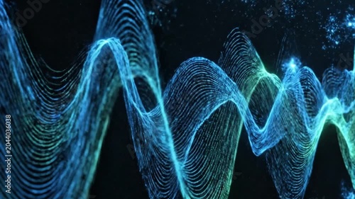 Mesmerizing concept of data flow visualized through dynamic blue and green particle waves, depicting abstract energy movement or sound frequencies in a futuristic digital landscape