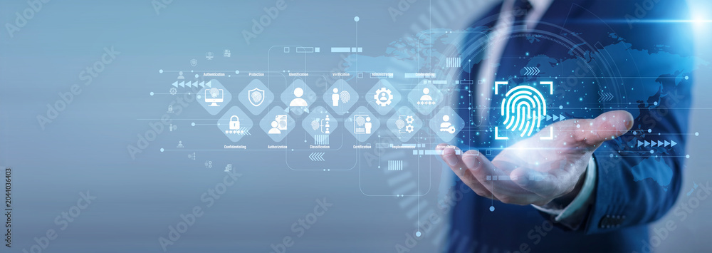 Fototapeta premium User hand hold fingerprint scanner Biometric concept identity verification, secure access authentication, digital privacy protection and scanning authorization system. Smart technology.