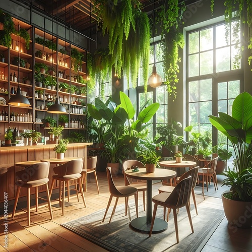A serene, plant-filled cafe interior with natural light