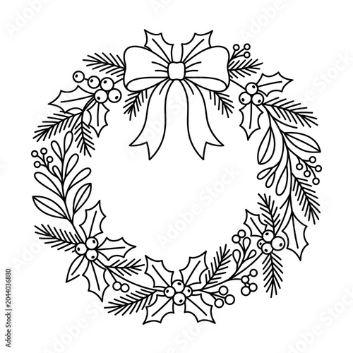 Decorative christmas wreath featuring holly berries and a festive bow drawn in black ink on white background