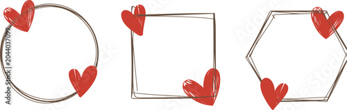 Hand drawn sketch heart frames vector set, decorative circle square and hexagon borders for valentine