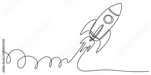 Continuous single line drawing of a flying space rocket ship launching upward