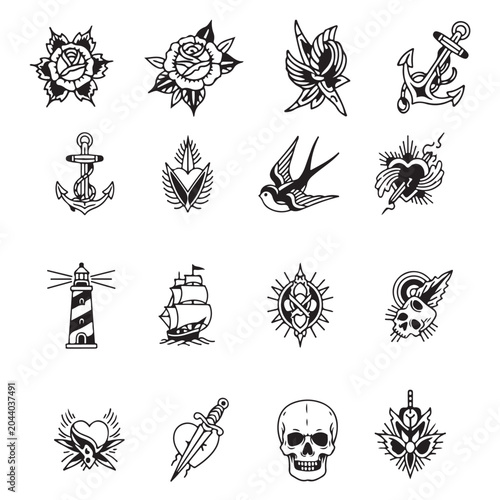 Traditional tattoo flash icons set with black and white vector illustrations of roses anchors skulls and nautical symbols