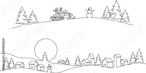 Obraz na płótnie Winter landscape line art illustration with snowy village, pine trees, snowman,
