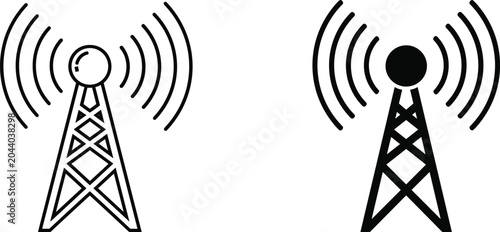 Wireless Signal and Radio Tower Icon Vector Set Illustrating Broadcast Antenna, Communication Waves, 