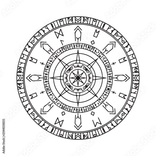 Konstfotografi Runic circle vector illustration featuring Norse mythology symbols and esoteric