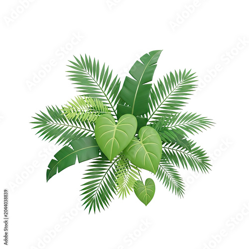 Assortment of Lush Green Tropical Plant Leaves Arrangement.
