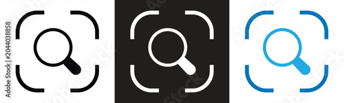Search focus icon set , magnifying glass icon inside rounded corner brackets , Scan or Zoom Area icons , ideal for scanning tools, find functions, detection features, and for camera or search interfac