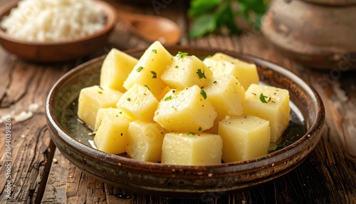 Delicious boiled potatoes on plate.