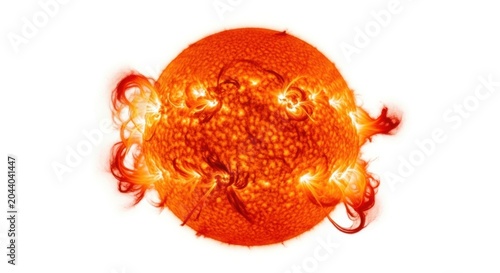 A vibrant orange solar body with textured surface and fiery protrusions on a white background