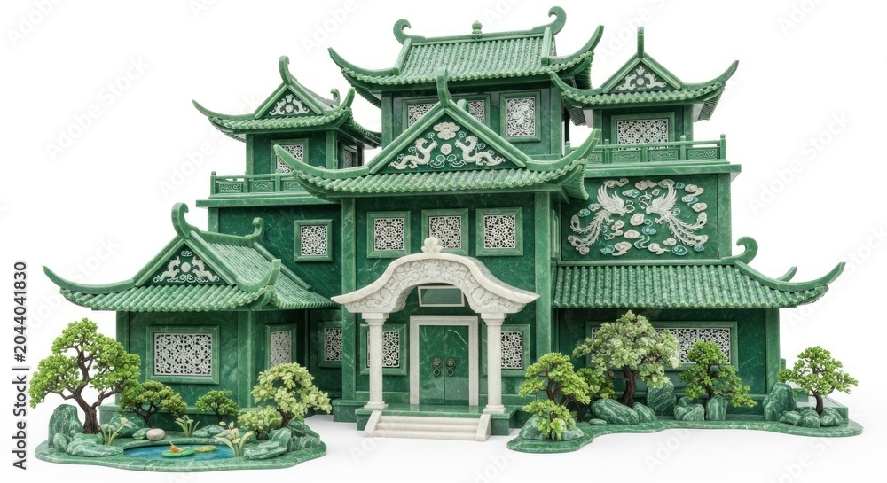 Obraz premium A miniature model of an ornate green Asian-style building with pagoda roofs and intricate details surrounded by trees and bushes