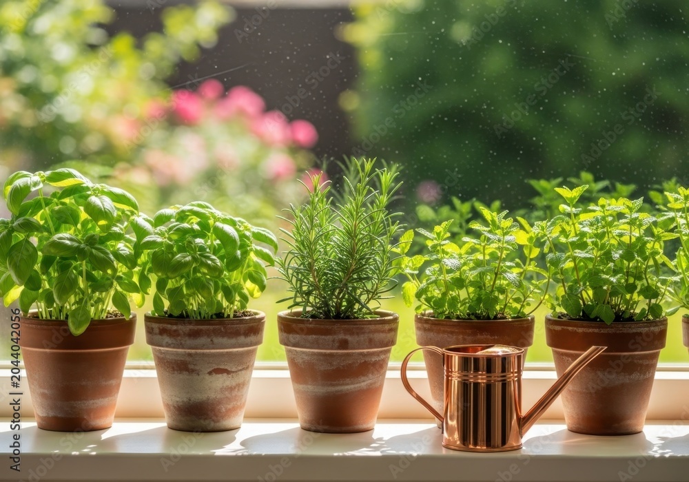 Fototapeta premium Assorted Fresh Herbs Growing in Potted Plants on a Sunlit Window Sill with a Copper Watering Can