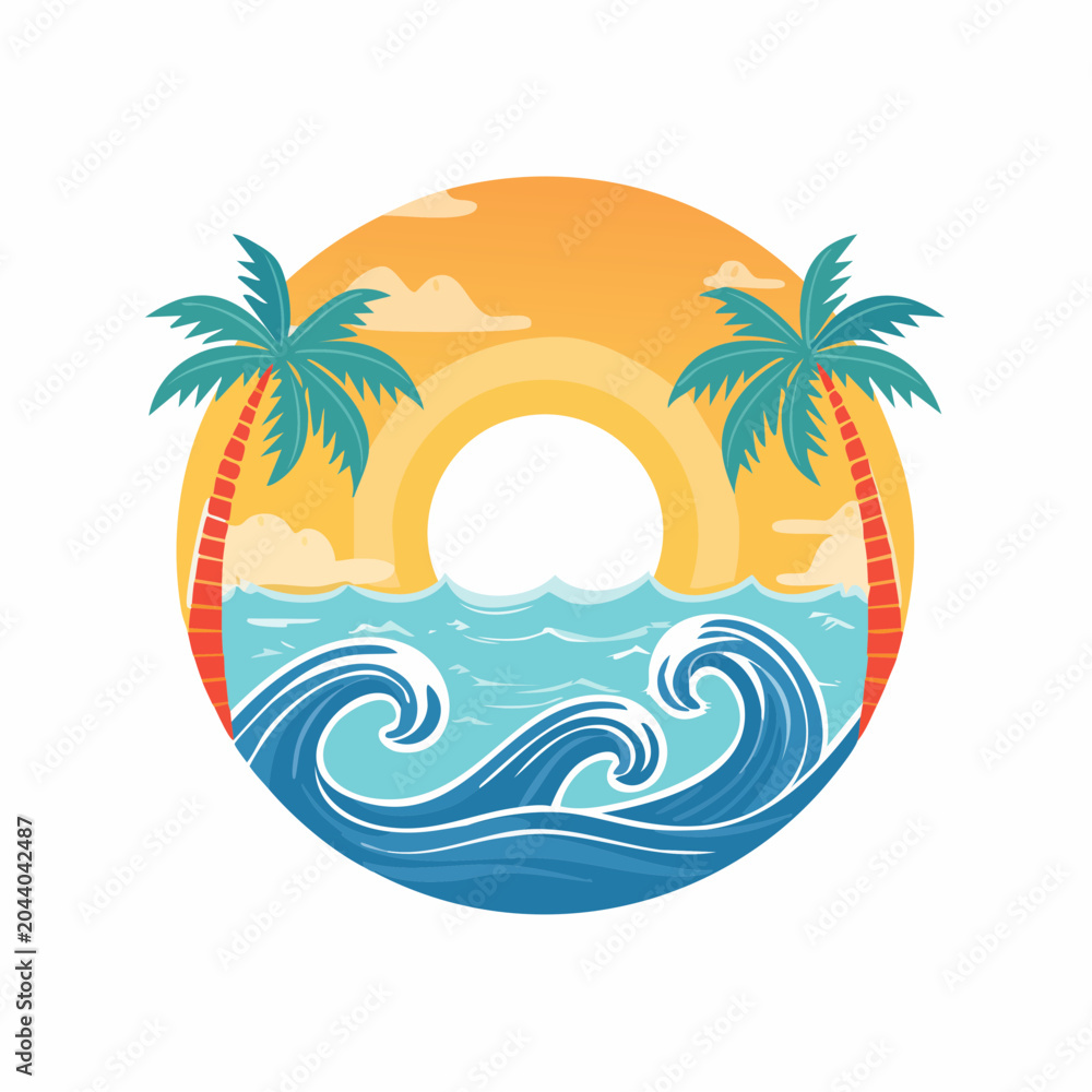 Obraz premium Tropical Beach Sunset with Palm Trees and Waves