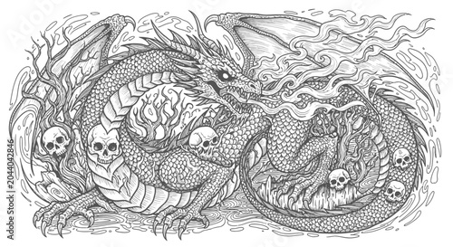 Canvas Print Dragon Breathing Fire Surrounded by Skulls and Twisted Trees