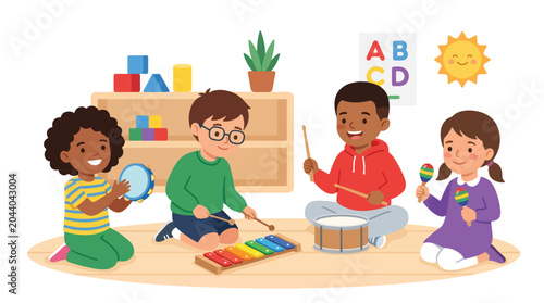 Quadro su tela Flat style vector illustration of preschool children playing musical instruments
