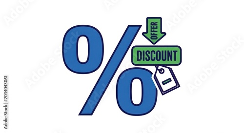 A large blue percent sign with a green discount label and a purple tag