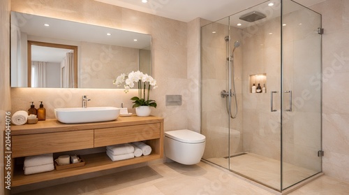 Luxury Scandinavian Minimal Bathroom Interior with Wooden Vanity and Glass Shower