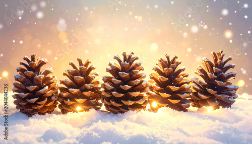 pinecones, fairy lights, snowfall effect, Generated image	
