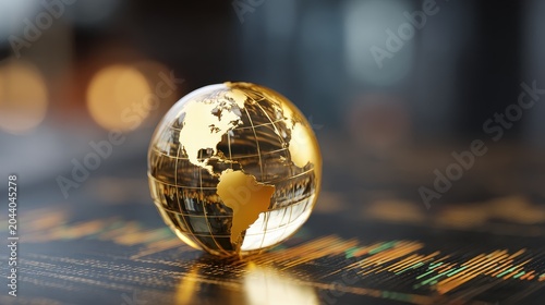 Asset management polished golden globe overlooking financial metrics representing risk optimization and sustainable wealth preservation focus on investment leadership theme whimsical 