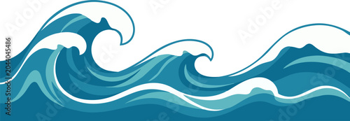 Flat illustration of huge dynamic ocean waves on a clean background.
