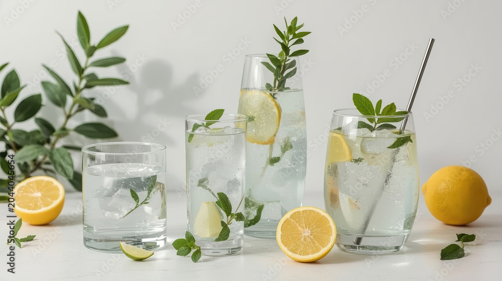 Fototapeta premium Fresh lemon water with mint in clear glassware creating refreshing hydration setup