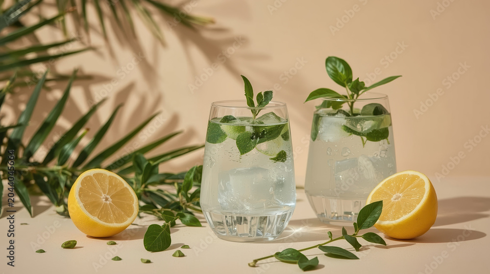 Fototapeta premium Fresh lemon and mint sparkling water with ice and green leaves, bright natural refreshment