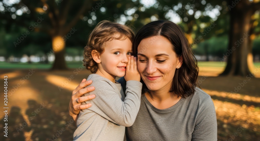 Naklejka premium Tender Mother and Daughter Hugging in Sunny Park.