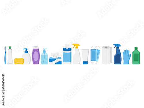 Colorful 3D Isometric Household Cleaning Products Lineup on White Background
