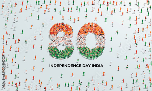 August 15 Happy Independence Day India Design. A large group of people form to create the number 80 as India celebrates its 80th National Day on the 15th of August.