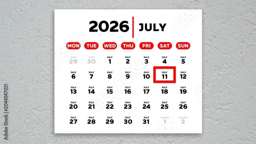 Red cursor highlighting July 11th on a 2026 wall calendar page