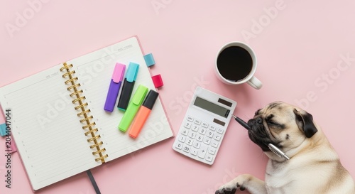 Pug dog with office supplies background.