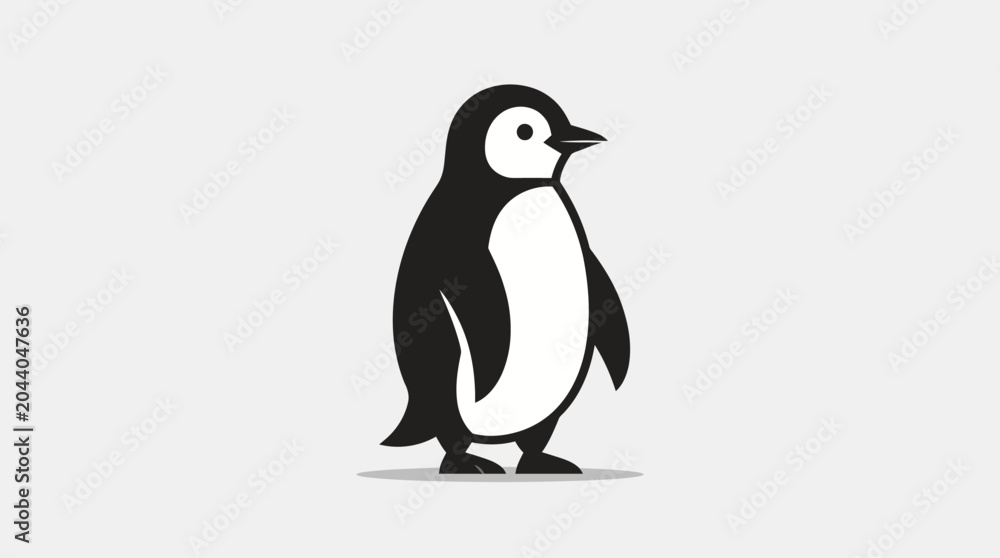 Fototapeta premium Adorable illustration of a penguin standing and looking to the right on a light grey background, perfect for children's books or nature-themed designs