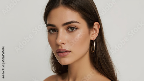 Elegant young woman portrait, soft lighting, neutral background, confident expression