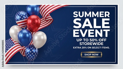 patriotic sale banner, summer discount event, american flag balloons, storewide sale