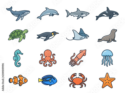 Colorful Sea Creatures Swimming and Moving in Flat Cartoon Style Animation Loop