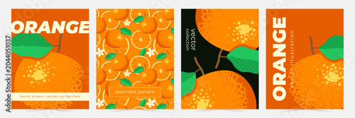 Orange citrus vertical poster set in flat style. Fresh summer cards with fruit for food branding, juice bars, cafe interiors and modern wall decor. Vector illustration