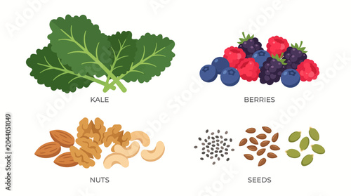 Healthy Food Ingredients Fresh Kale, Berries, Nuts, and Seeds for a Nutritious Diet