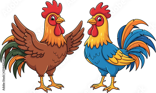 Tableau sur toile Colorful Cartoon Rooster Pair with Brown and Blue Cock Spreading Wings in Funny