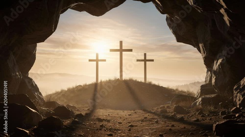 Sunrise view of three crosses on a hill seen from a cave entrance with peaceful natural landscape