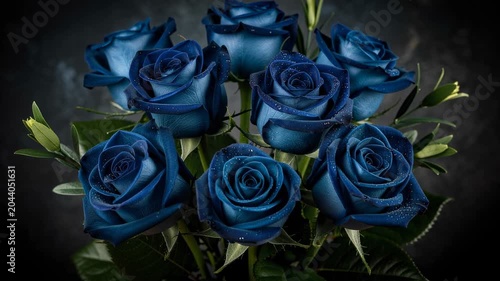 Beautiful bouquet of vibrant blue roses with water droplets and green leaves on dark background