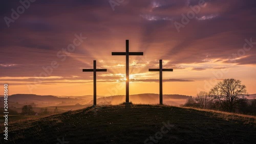 Three crosses on hill at sunrise with scenic landscape and dramatic sky in peaceful nature