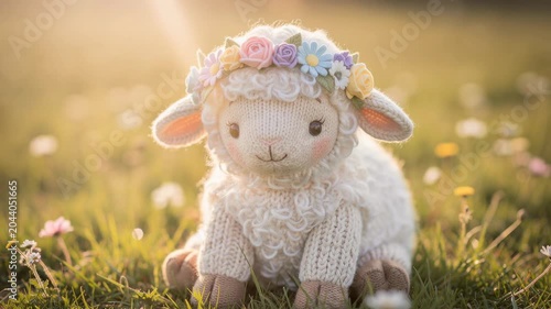 Cute knitted lamb toy with flower crown sitting on grass in soft sunlight, adorable handmade sheep doll