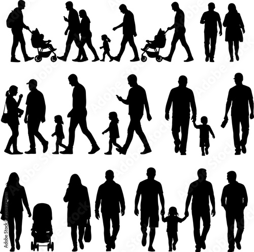 Family Walking Silhouette Vector Set for People Lifestyle Parenting and Urban Daily Life